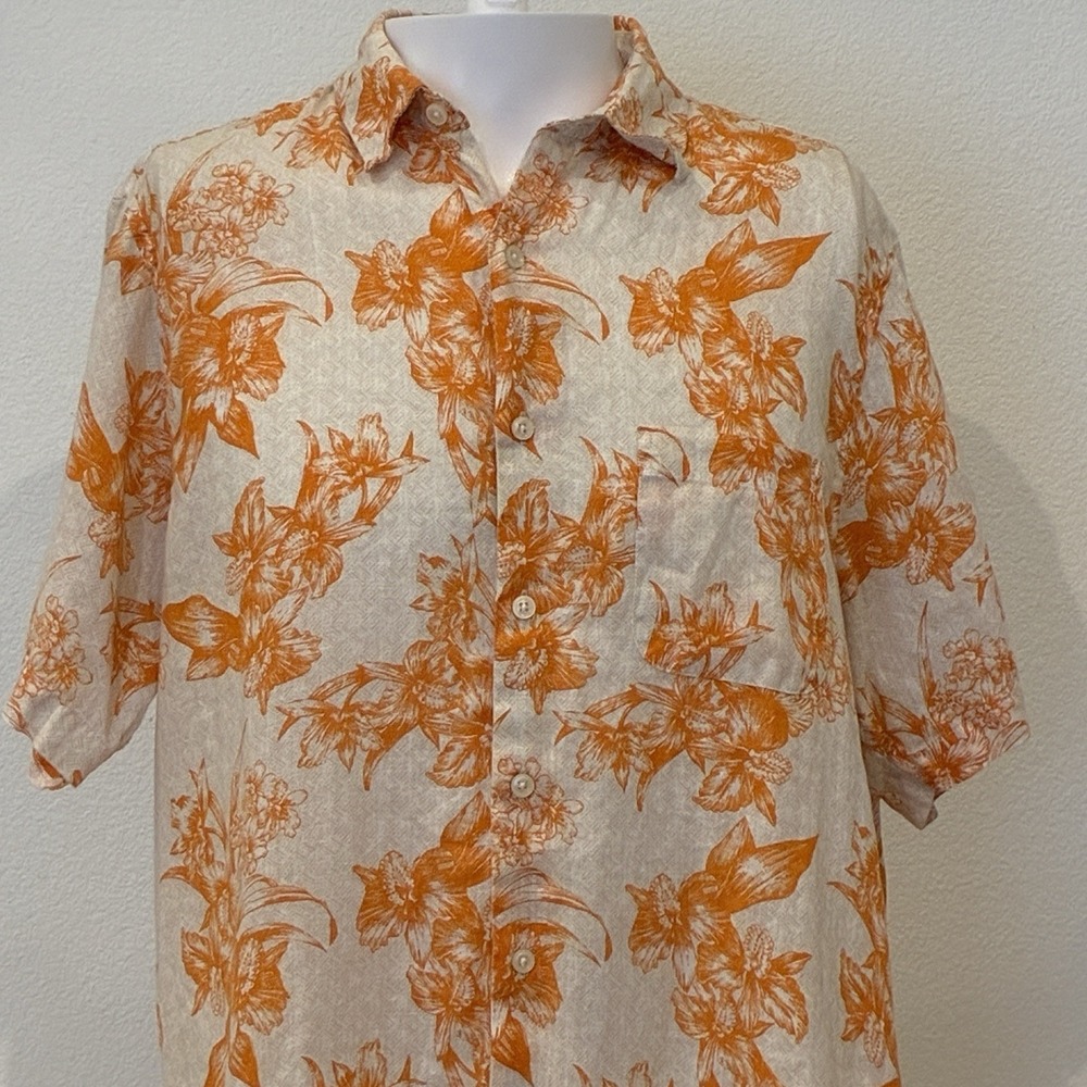 Club Room Luxury Linen Shirt Men L Hibiscus Short Sleeve Button Up Preppy Resort - Picture 2 of 10